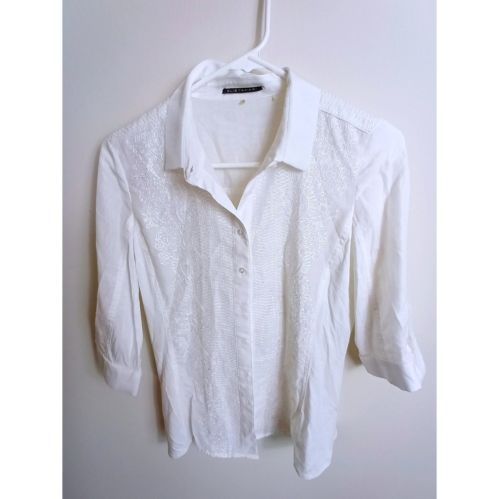 Elie Tahari Button Down Women XS White Excellent Silk Blend Sequin Embroidered